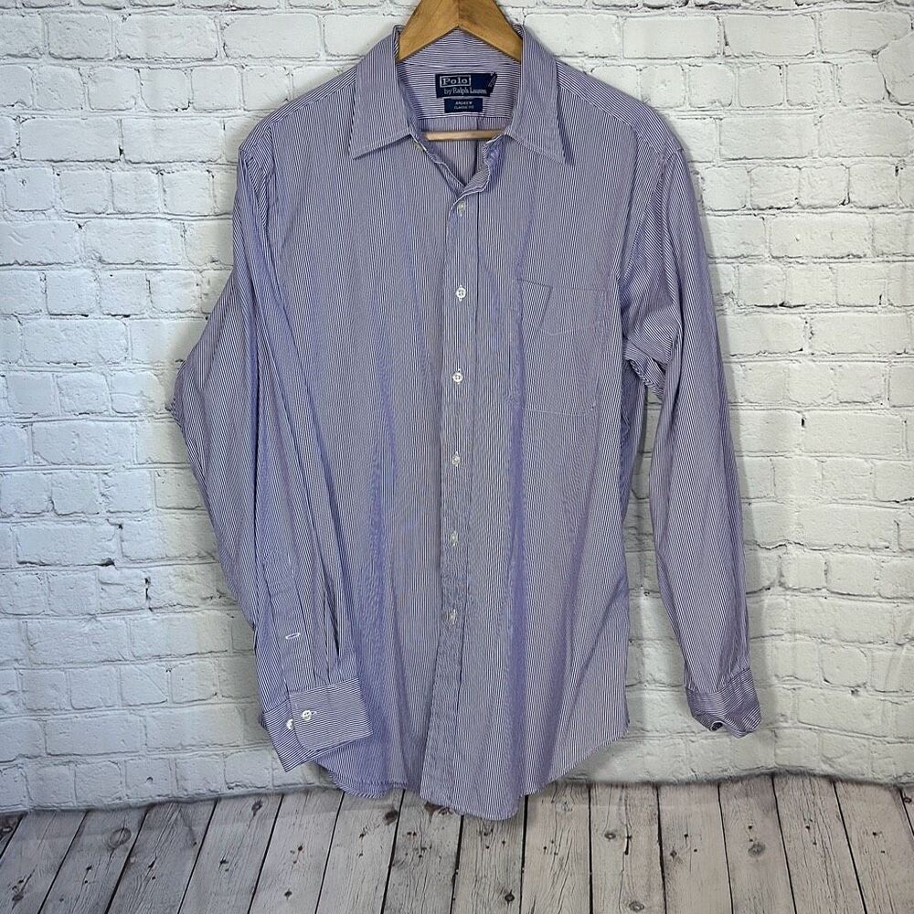 Polo by Ralph Lauren Andrew Classic Fit Shirt Purple White Striped Cotton 16 1/2